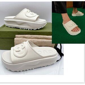 GUCCI 692845 Interlocking GG Platform Rubber Slide Sandals Off White Women EU 40
